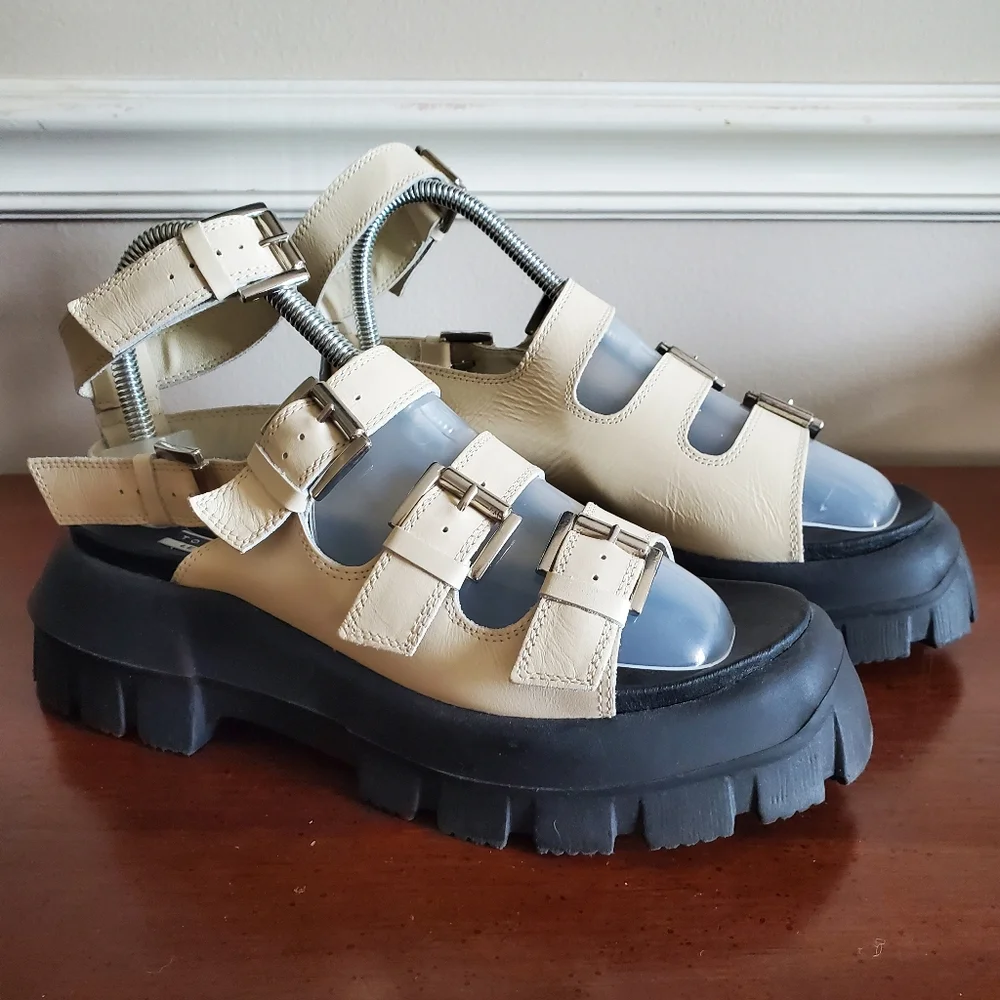 Topshop Size‎ 5 (38) Women's Leather Gladiator Block Buckle Sandals Cream - Picture 3 of 15